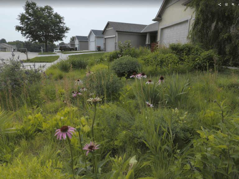 A stylized and intentional design front yard meadow garden featuring drought tolerant native plants. The garden is juxtaposed with the suburban sidewalks, streets, driveways, and lawns that are not as sustinable or beneficial for the community environment.