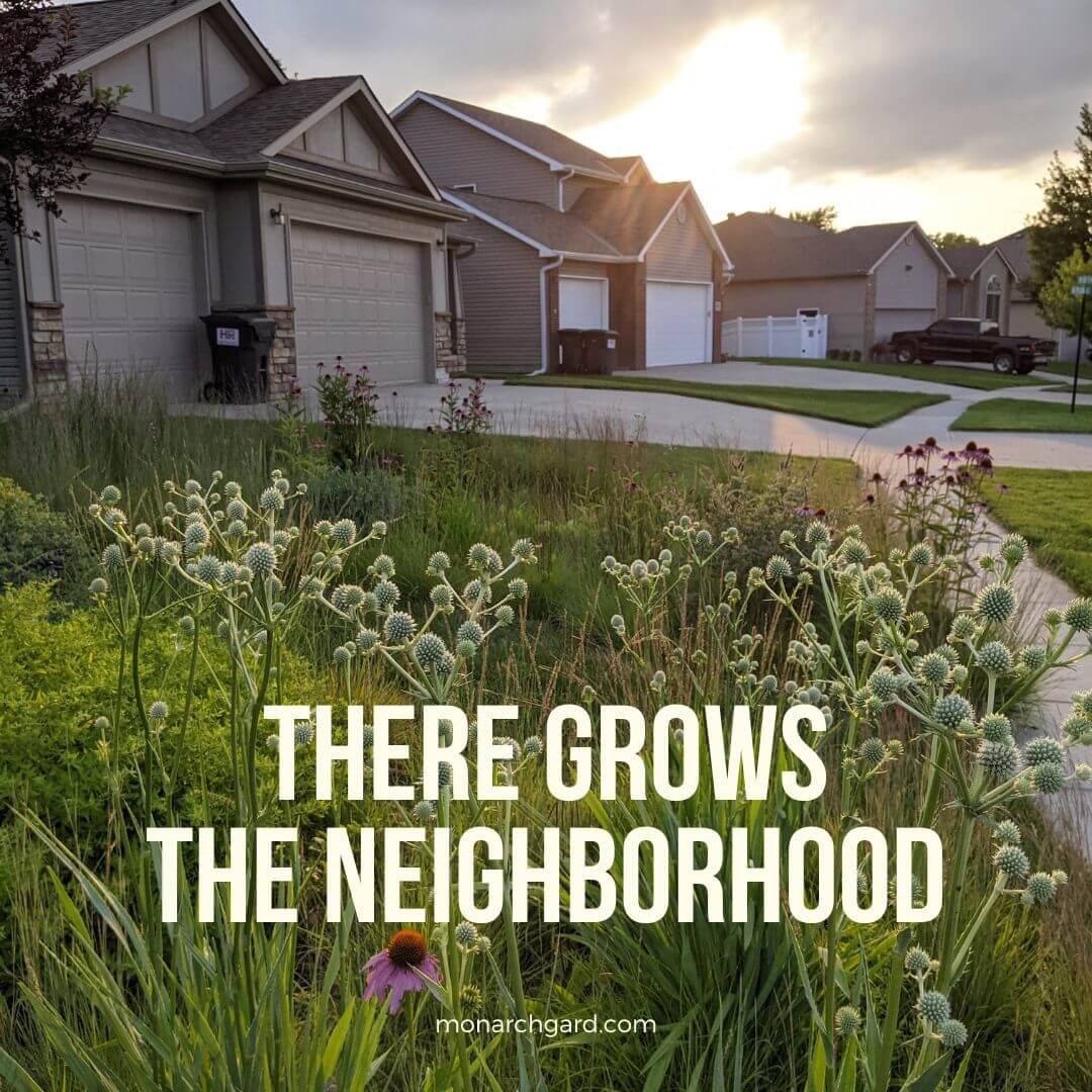 There grows the neighborhood -- a meme that plays on the misconception that anything but lawn is a weedy mess that devalues home.