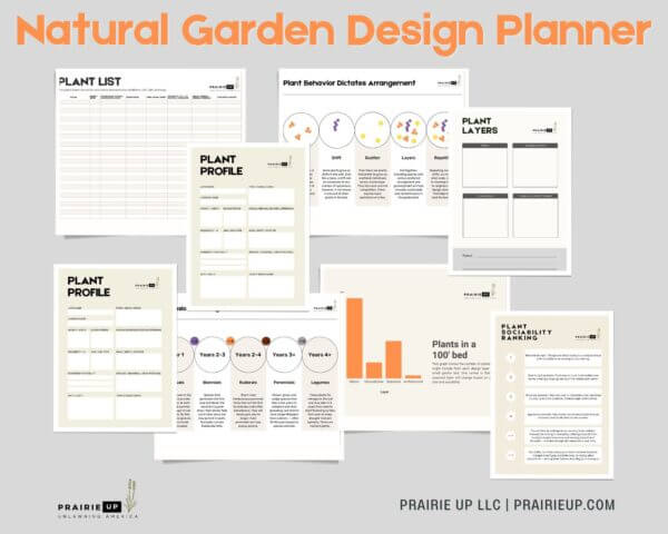 Screenshot collage of the documents included in the Natural Garden Design Planner that helps new naturalistic gardeners research, organize, and plan their plants and landscape.