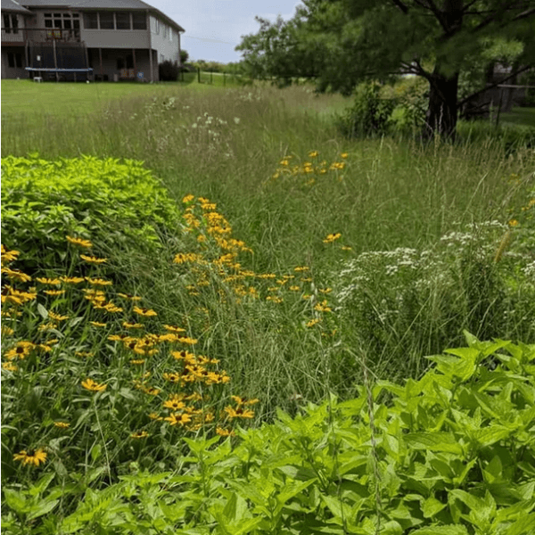 An acreage backyard border featuring a living green mulch or matrix of Bouteloua curitpendula with interspersed masses of native flowers such as Conoclinium coelestinum, Pycnanthemum virignianum, and Rudbeckia hirta.